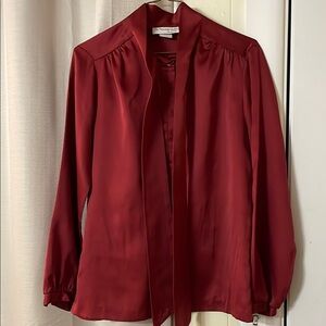 Vintage Deep Red Mandarin Collar Blouse with Tie Front and Balloon Sleeves